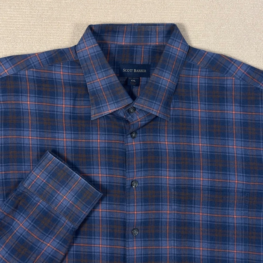 Scott Barber Plaid Button Down Shirt Mens XXL Blue Orange Cotton Long Sleeve